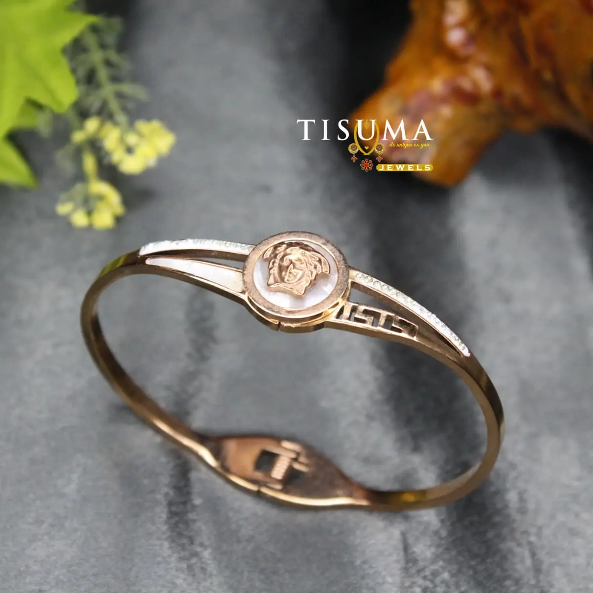 Cameo Mother of Pearl Greek Fret Rose Gold Anti-Tarnish Kada Bangle